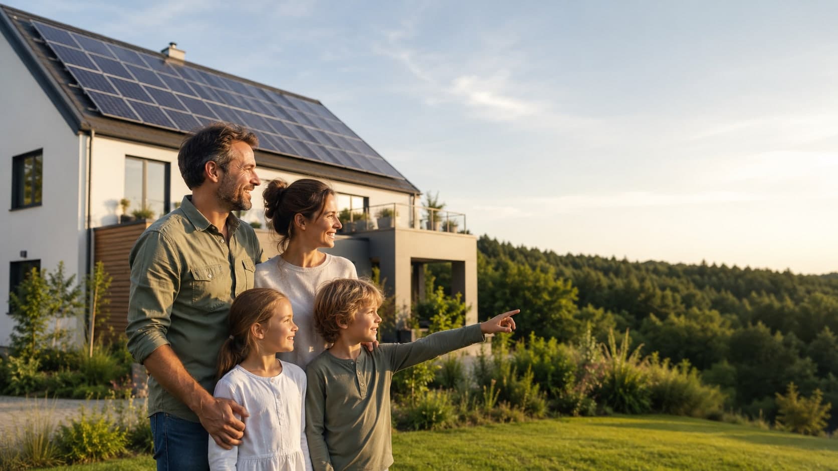 Familie vor ihrem Haus mit Photovoltaik-Anlage, mit Blick Richtung Anfrageformular